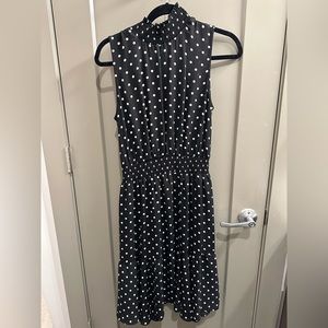 Nanette LBD polka dot dress with moc neck